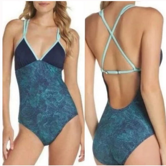 Zella One Piece Blue Open Back Criss Cross Swim Suit New With Tags Size Small - Picture 3 of 12